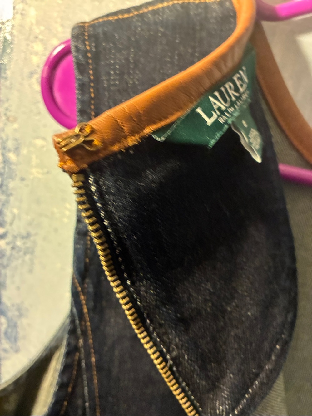 NWOT Lauren Ralph Lauren Black Denim Shift Dress with Genuine Leather  Neck Trim - Picture 14 of 15